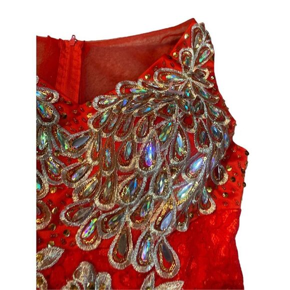 Vintage Elegant Red and Gold Lace Embroidered Peacock Lace Maxi Dress - Picture 9 of 15